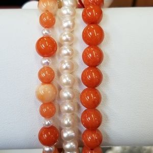 3pc Stretch Brac Orange Mtn Jade & White Pearls